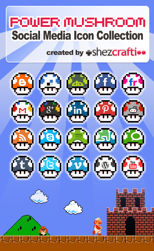 Set of 20 Power Mushroom Social Media Icons (Super Mario)