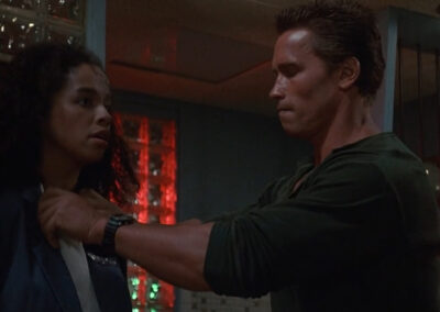 Backlit neon glass black decor in The Sunspot motel in Commando (1985)