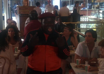 Glass block wall adorning the front of Sbarro in NYC in Krush Groove (1985)